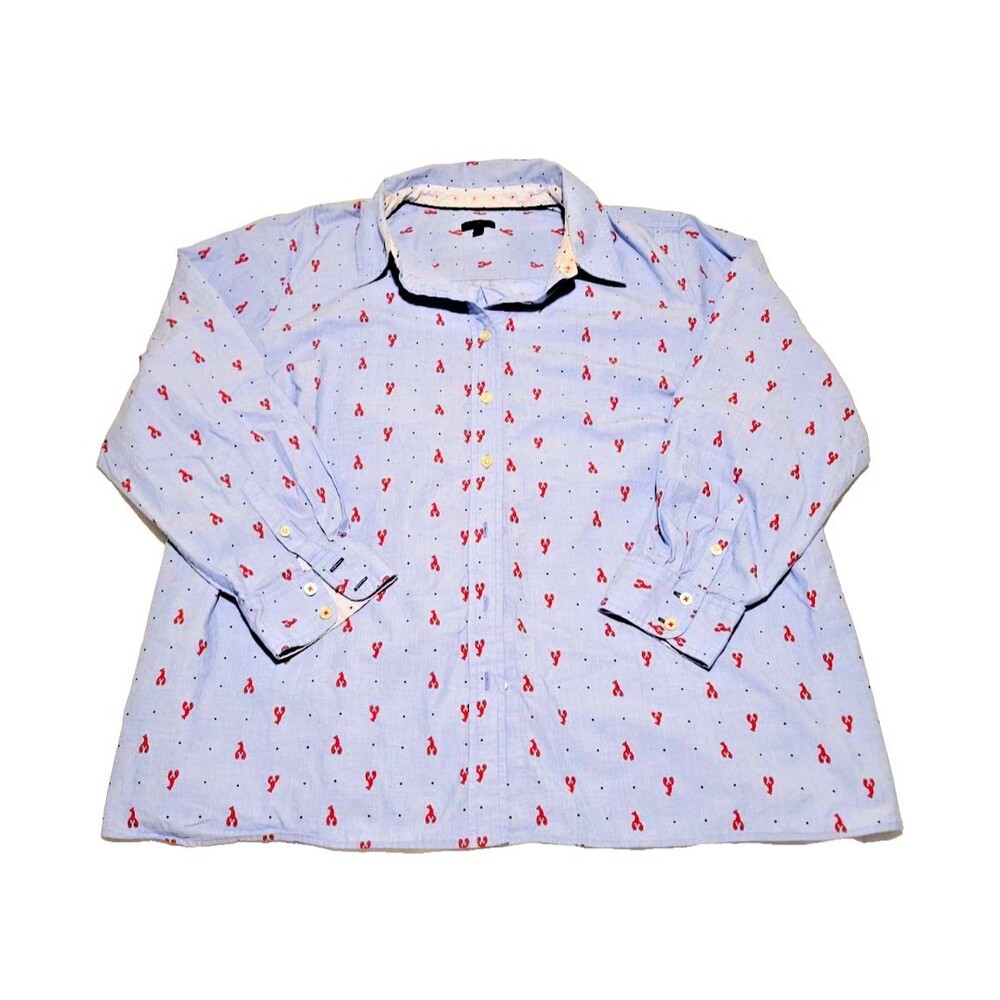 Talbots Women's 3X Plus Lobster Print Button Down Shirt Coastal Preppy Blue Red